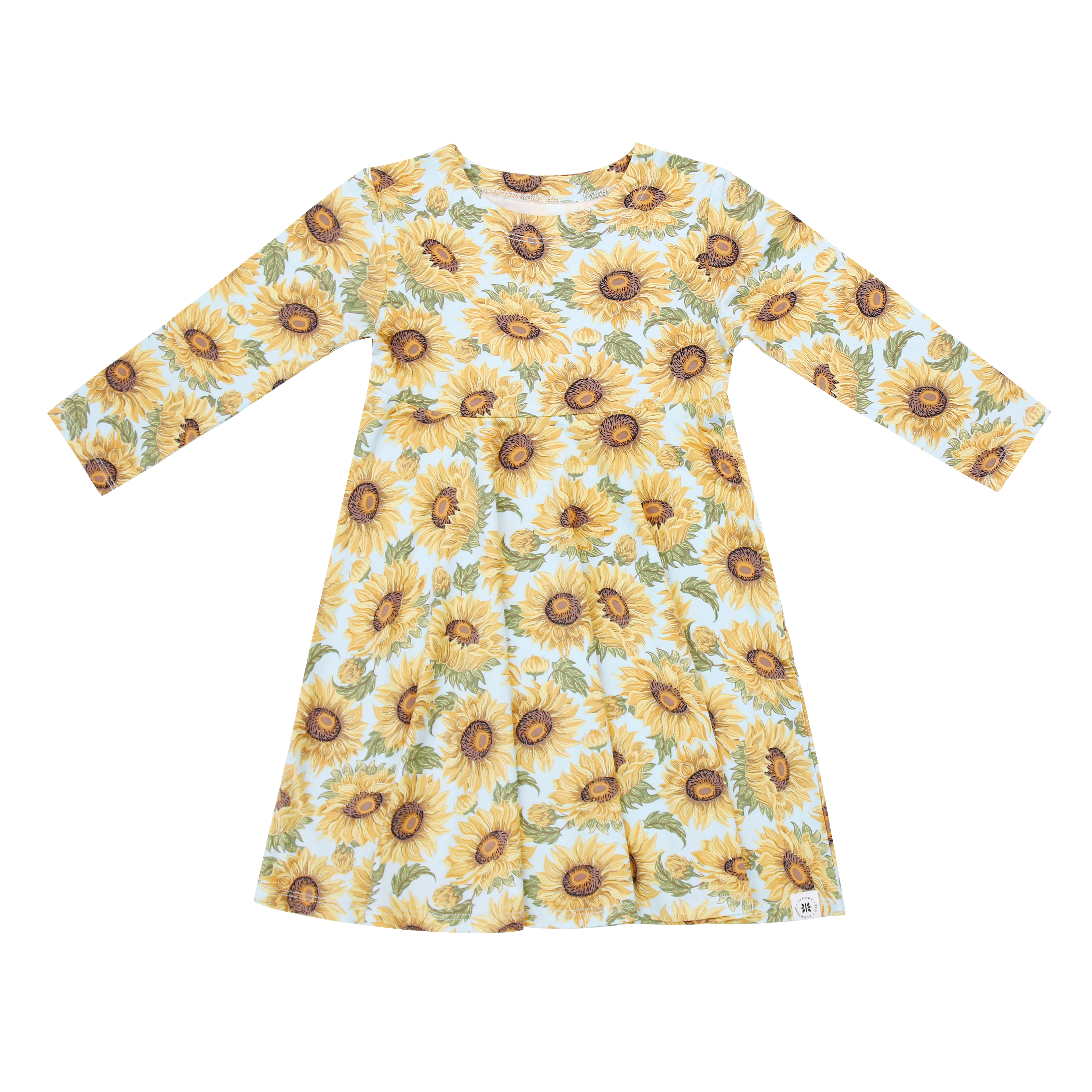 Girls long-sleeve sunflower print dress with crew neck, flared skirt, light base