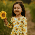 Girls sunflower print swirly dress, long sleeves, crew neck, yellow florals on light base