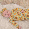 Sunflower print zipper footie for baby, long sleeves, orange-yellow floral pattern