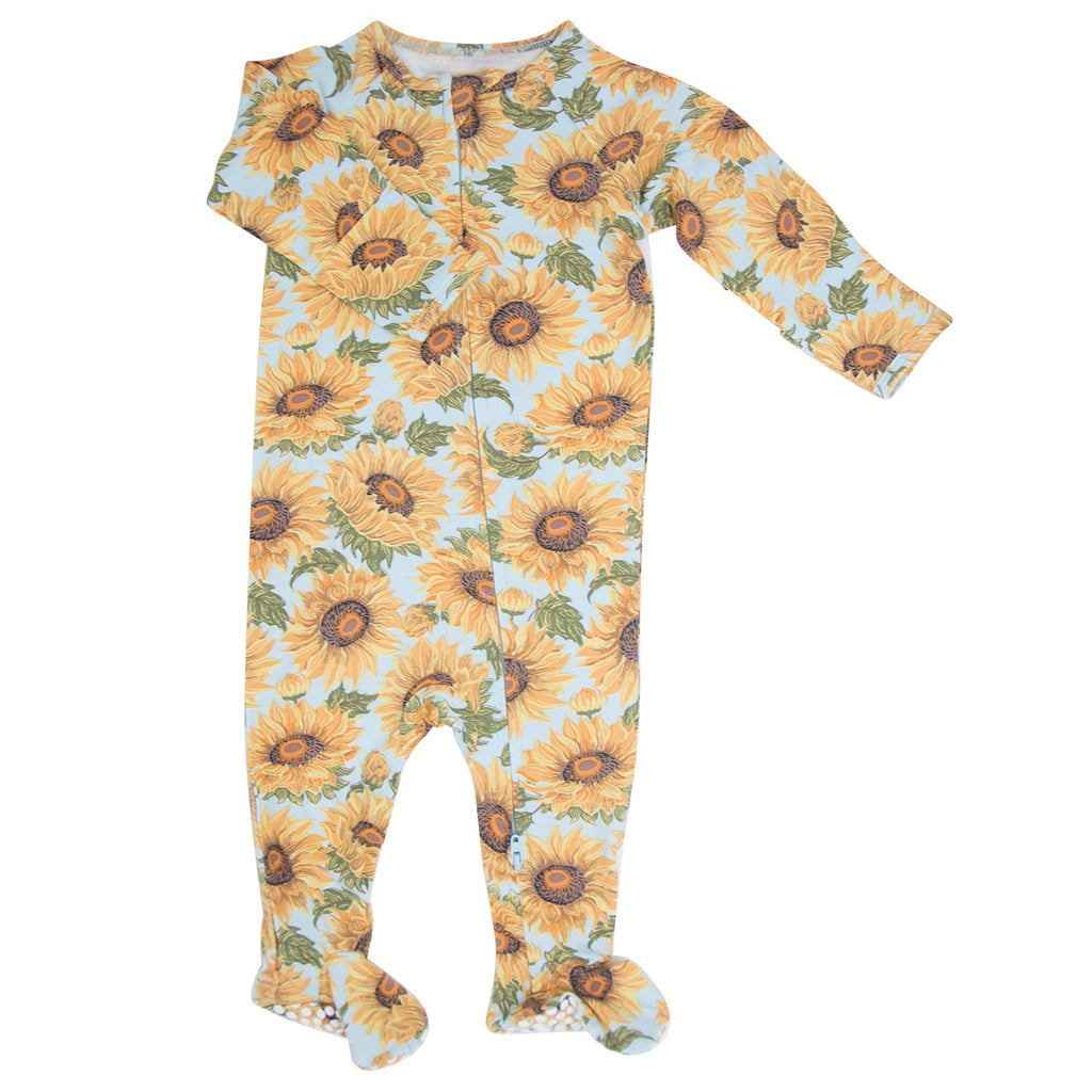 Sunflower-print zipper footie with long sleeves, footed design, front zipper closure