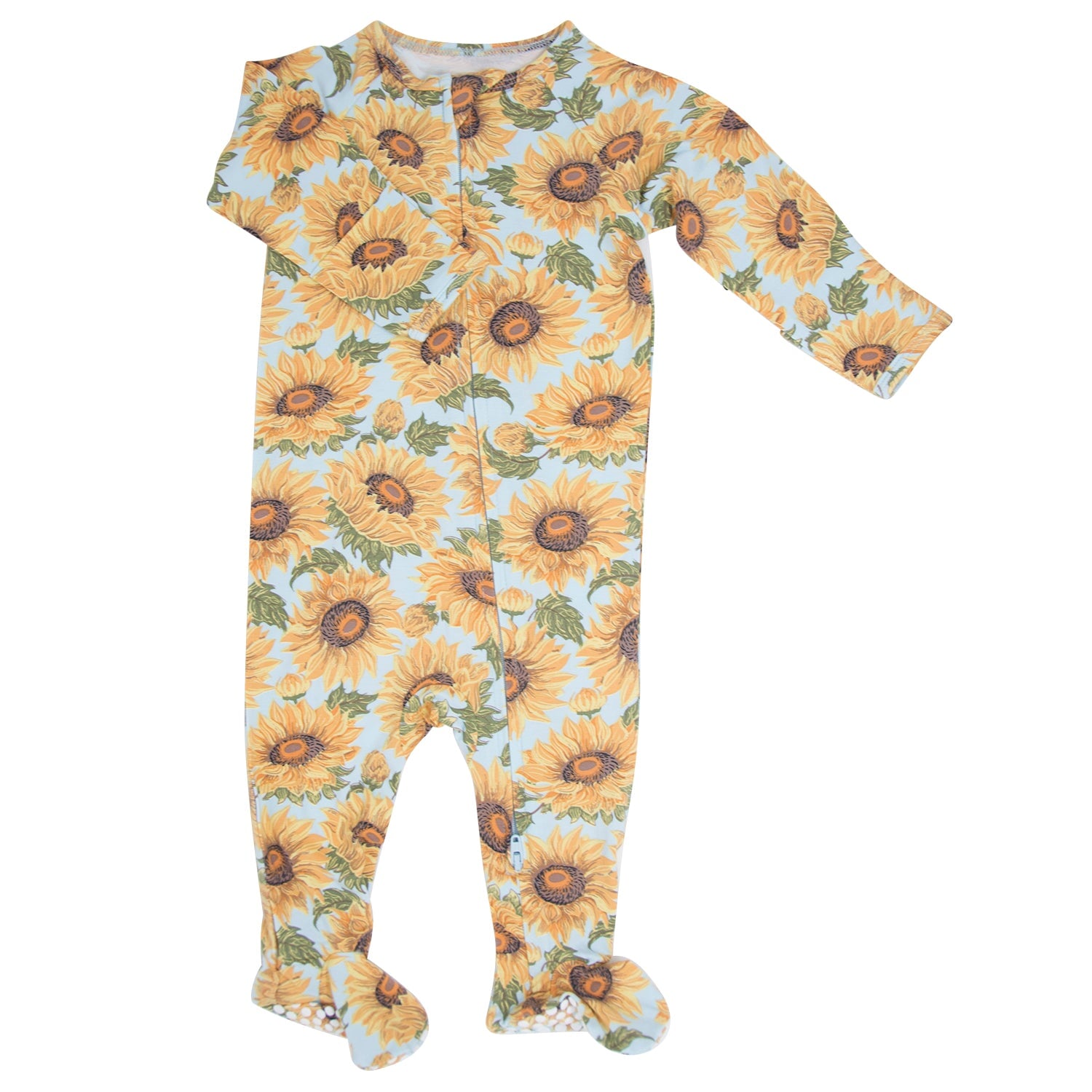 Sunflower-print zipper footie with long sleeves, footed design, front zipper closure