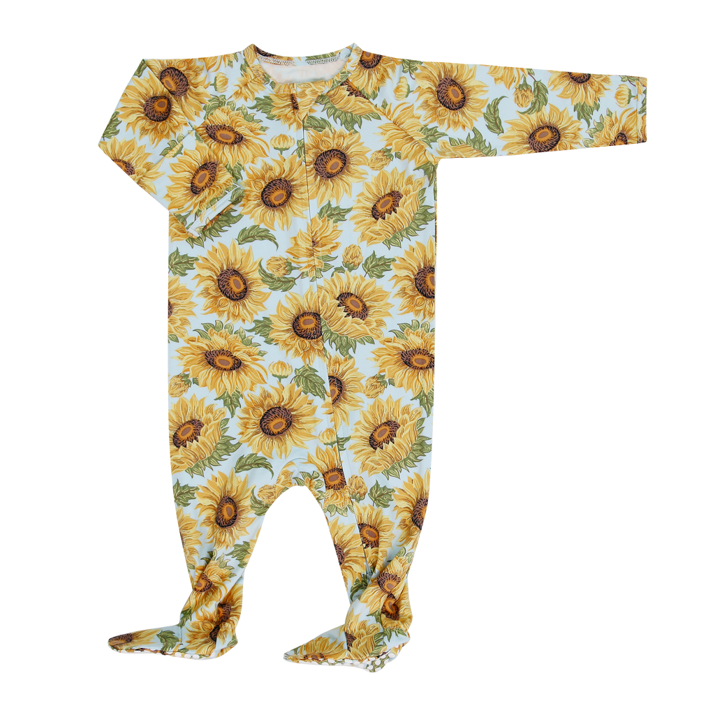 Sunflower-print zipper footie with long sleeves and footed legs, yellow and blue