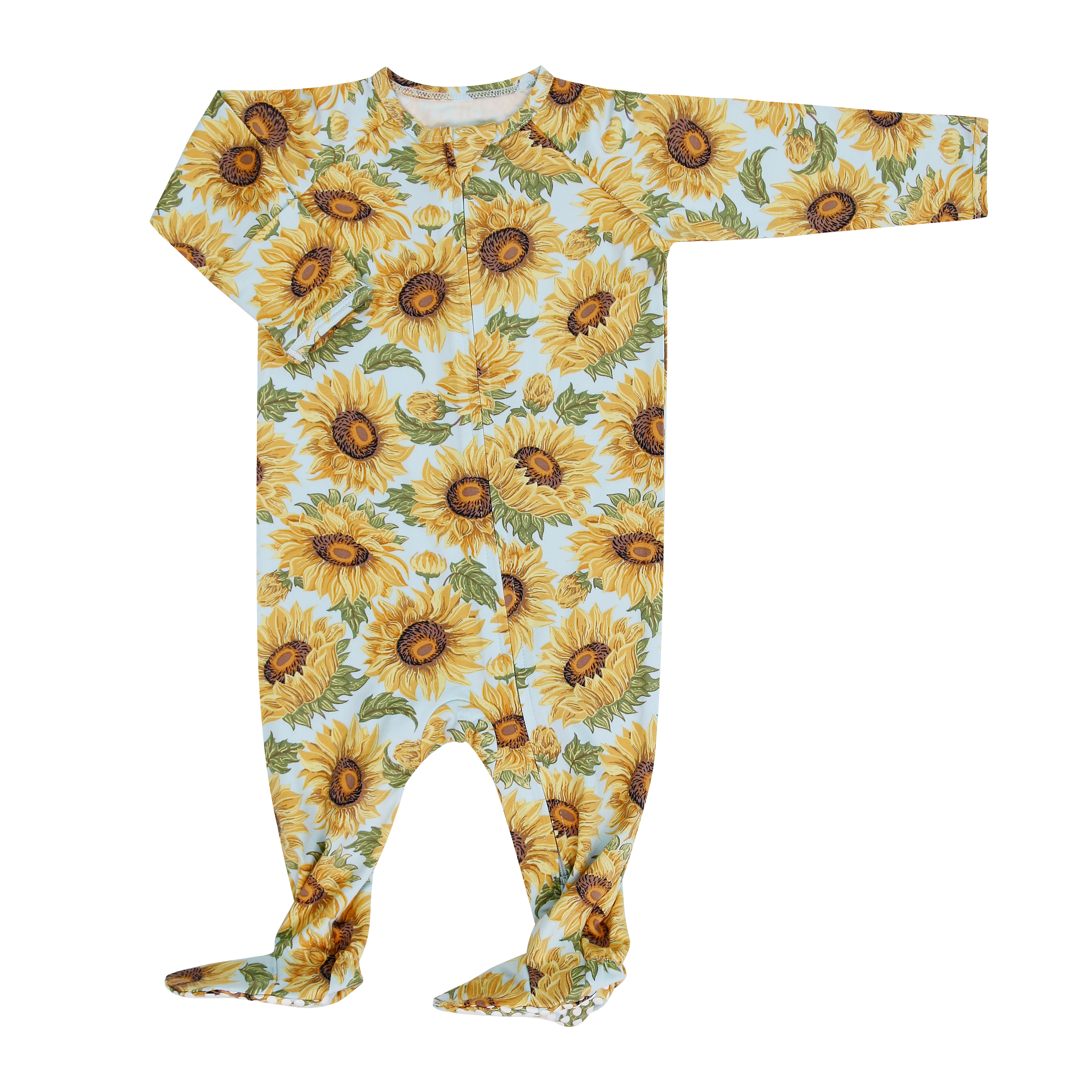 Sunflower-print zipper footie with long sleeves and footed legs, yellow and blue