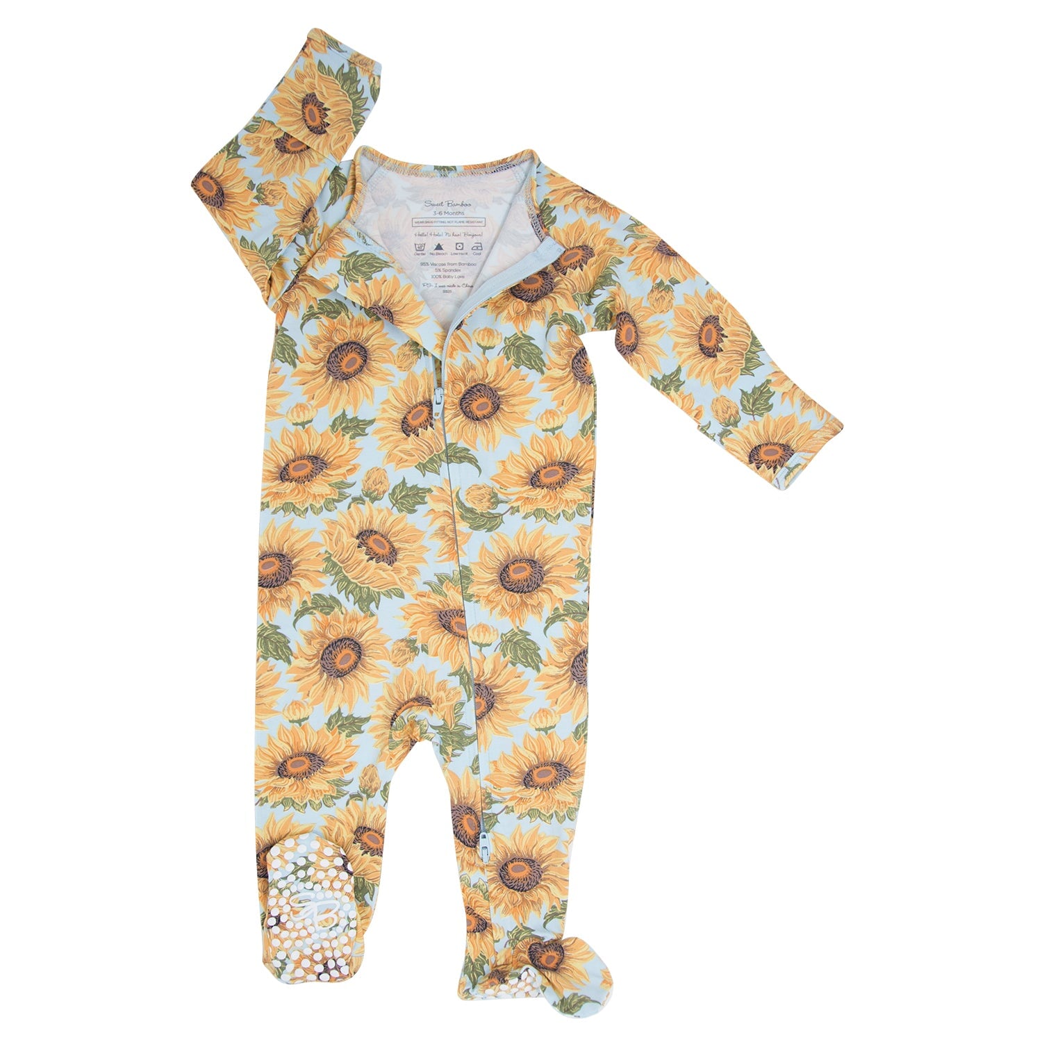 Sunflower-print zipper footie with long sleeves and footed legs, front zipper closure