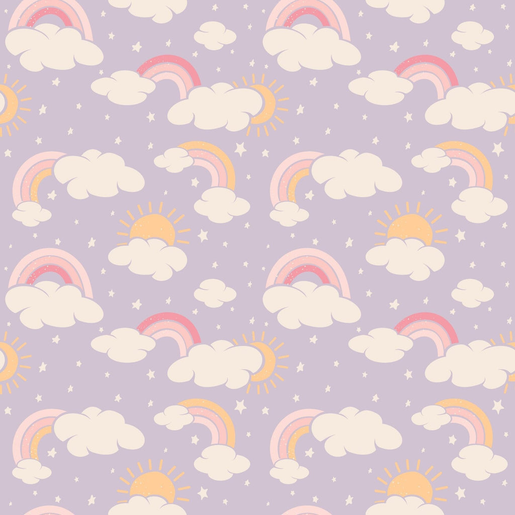 Lavender fabric swatch with repeating rainbow, clouds, and sun motifs