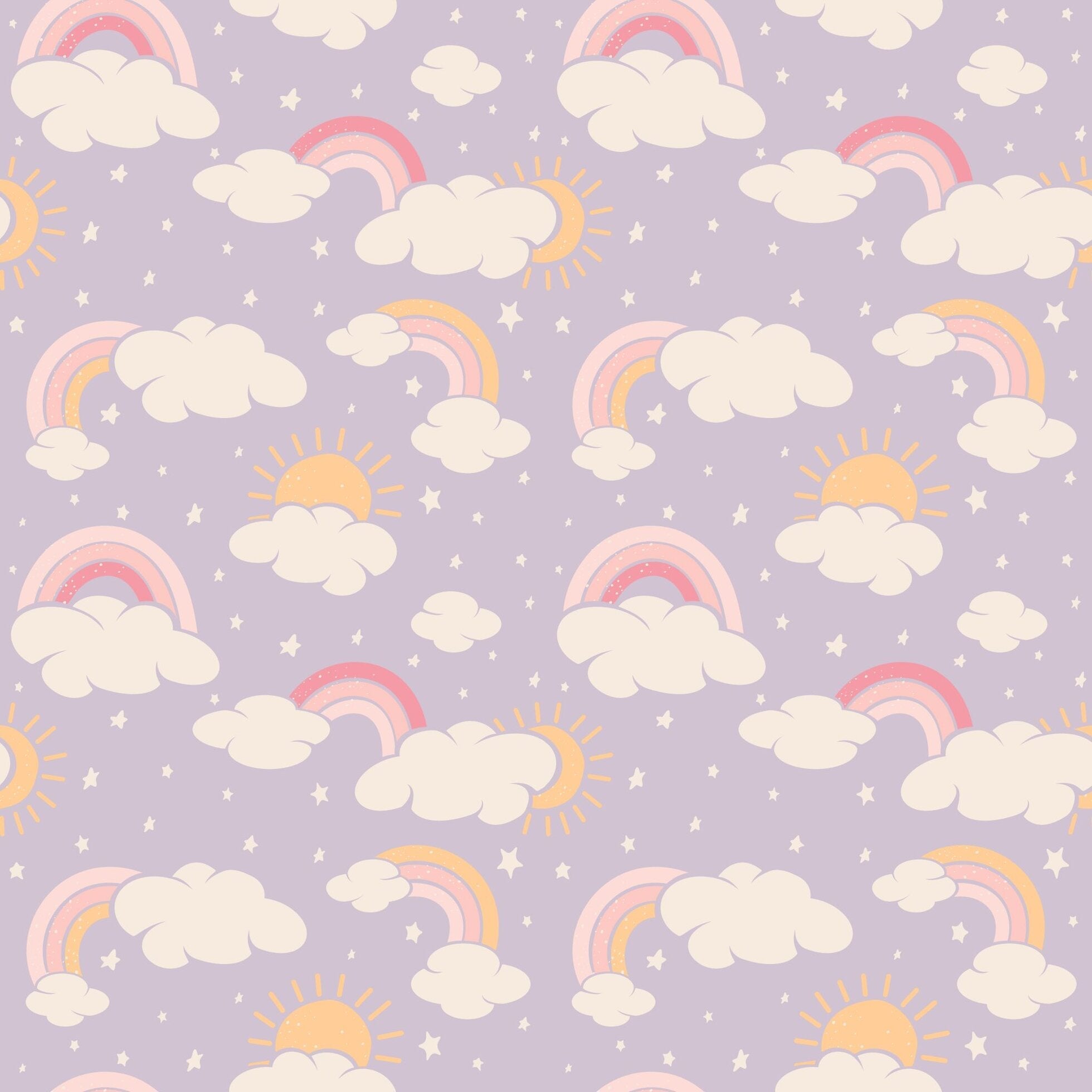 Lavender fabric swatch with repeating rainbow, clouds, and sun motifs