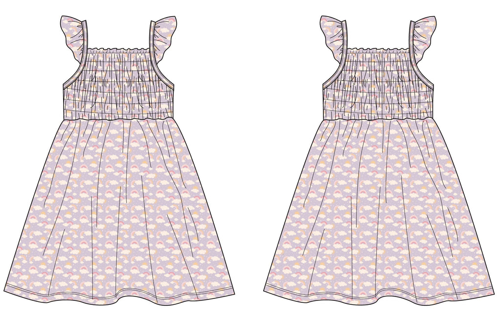 Girls lavender smocked dress outline with rainbow-cloud print, flutter sleeves