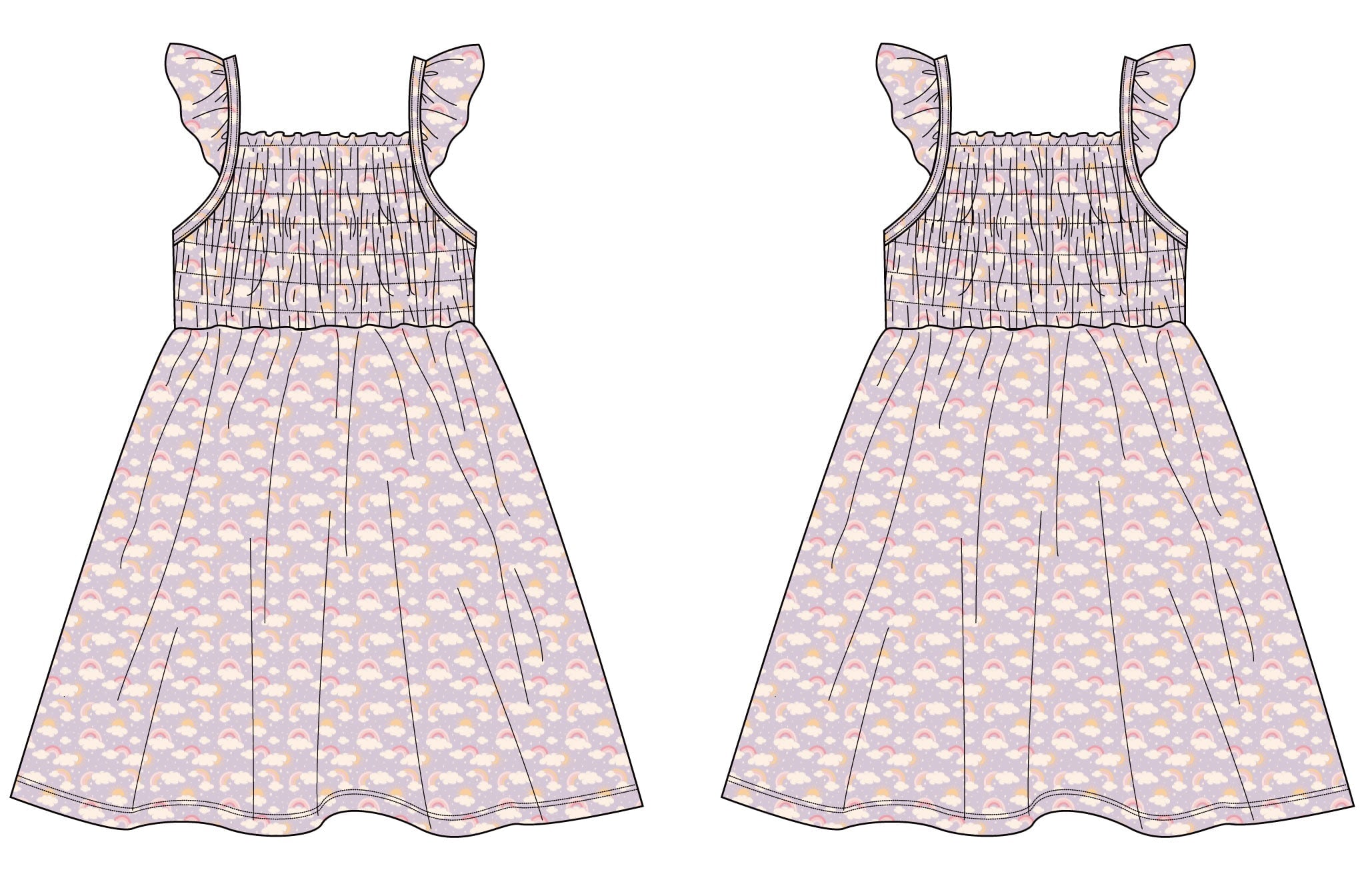 Girls lavender smocked dress outline with rainbow-cloud print, flutter sleeves