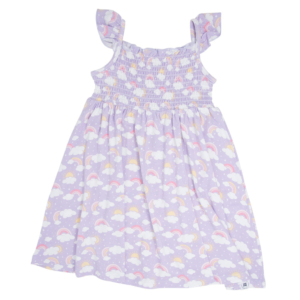 Girls lavender smocked dress with flutter sleeves and rainbow-cloud print, flared skirt
