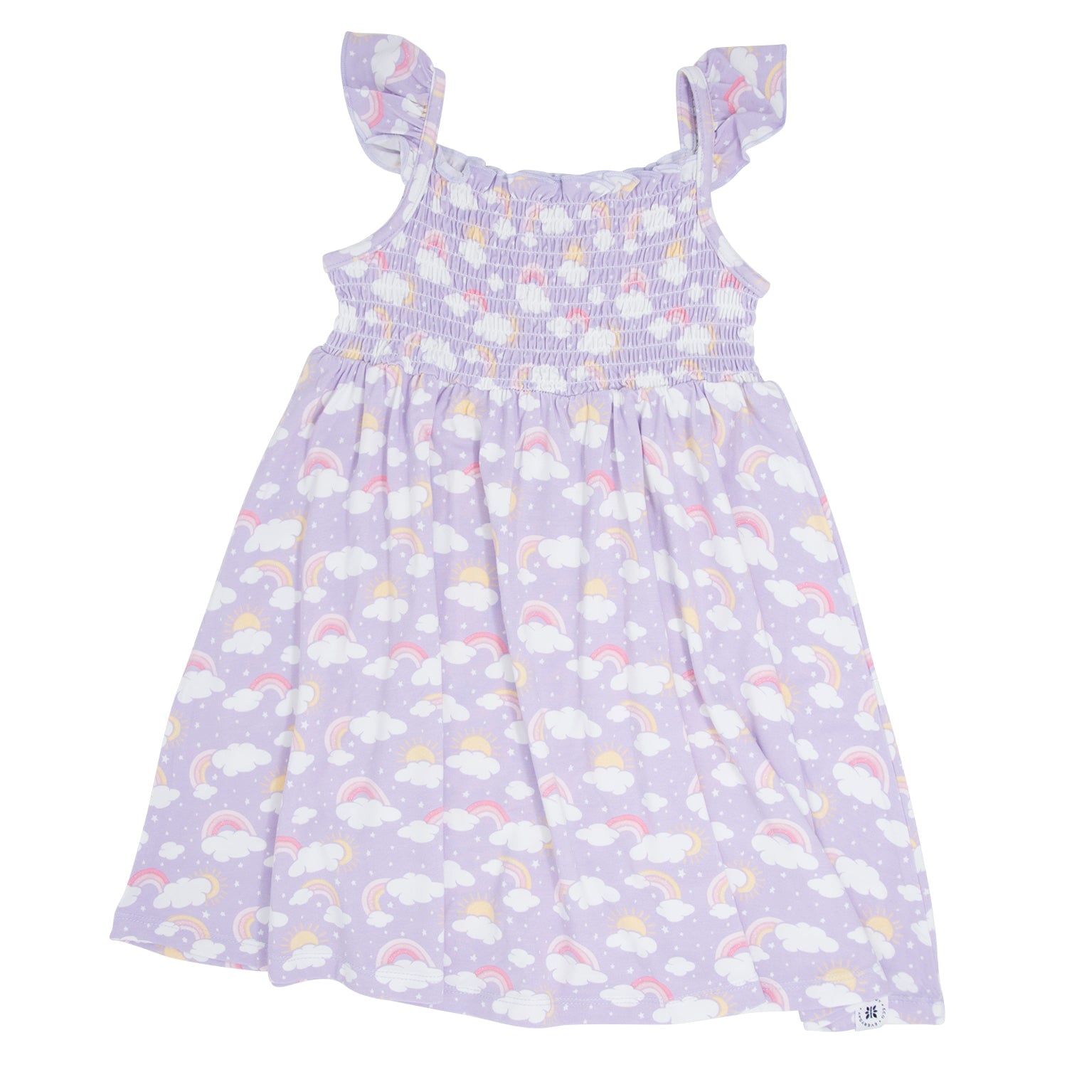 Girls lavender smocked dress with flutter sleeves and rainbow-cloud print, flared skirt