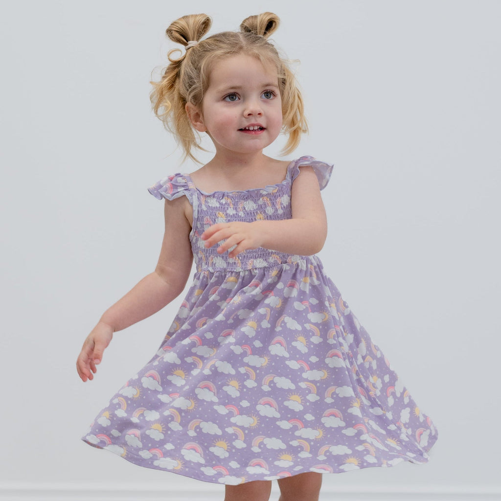 Girls smocked vintage dress in lavender with rainbow-cloud print and flutter straps