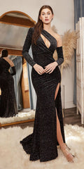 Black one-shoulder sequin evening gown with long sleeves and thigh-high slit