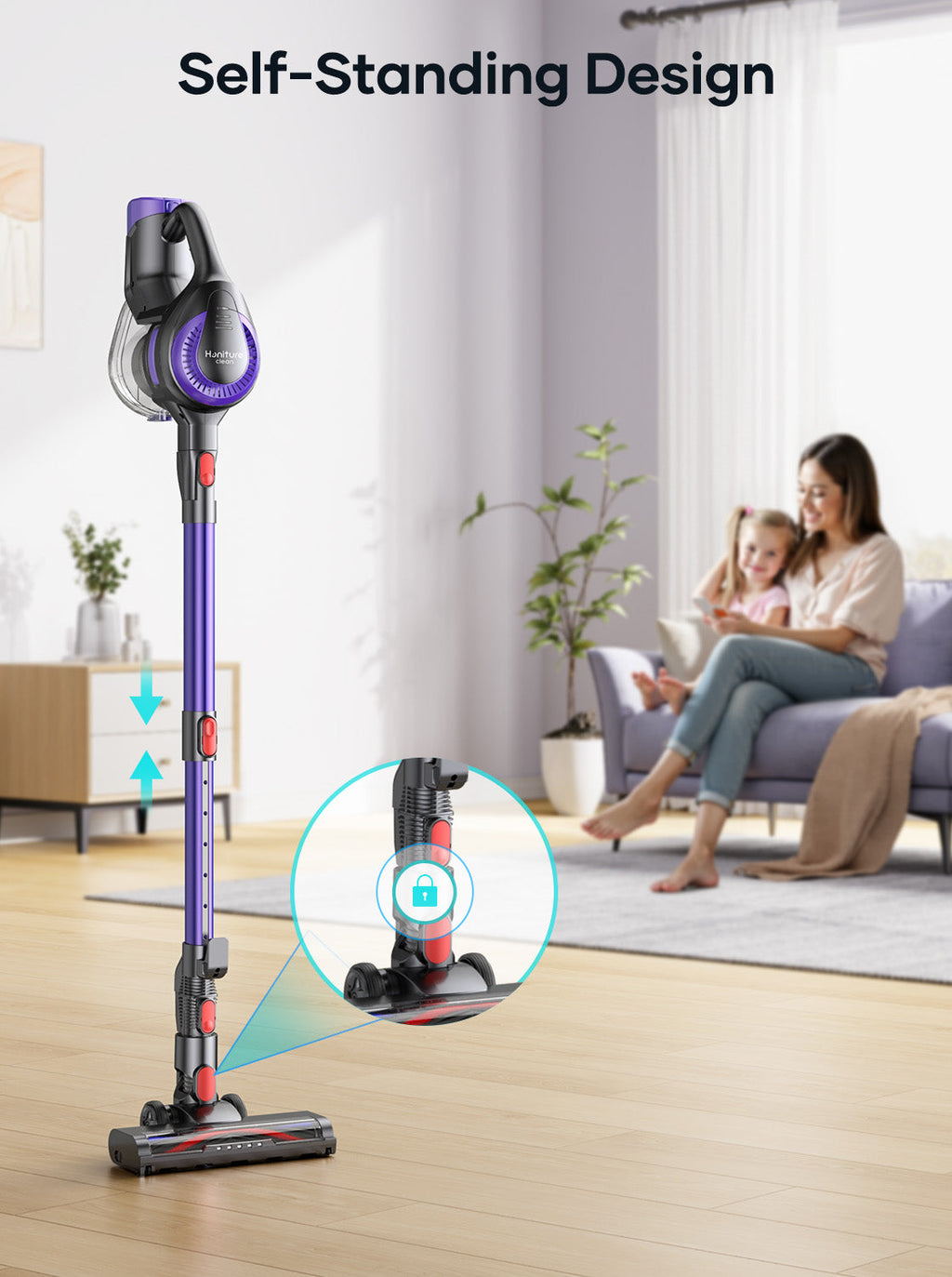 Cordless stick vacuum standing upright with purple wand and base brush