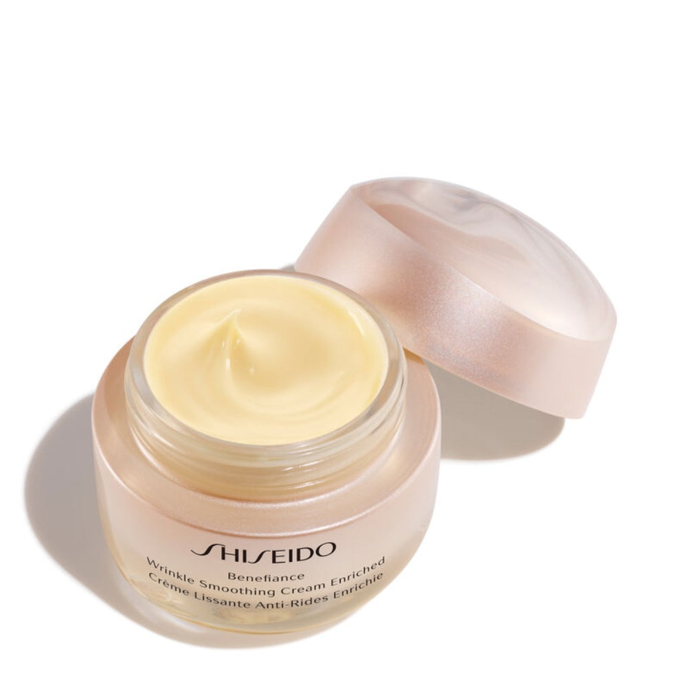 Shiseido Benefiance cream jar with open lid and pale cream inside