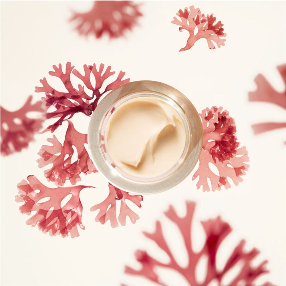 Open Shiseido Benefiance cream jar with scoop of pale cream