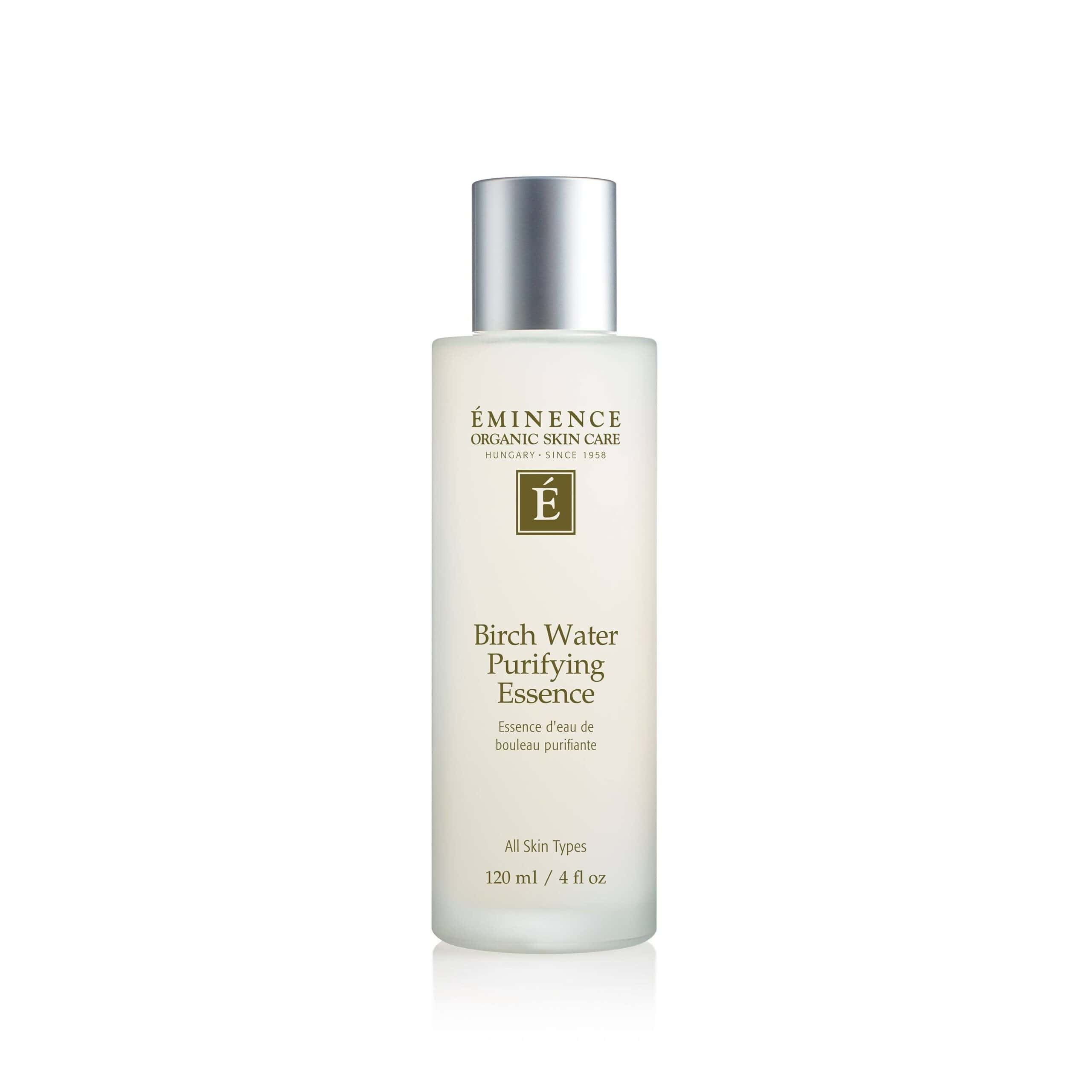EMINENCE Birch Water Purifying Essence bottle, clear white liquid, silver cap, 4 fl oz