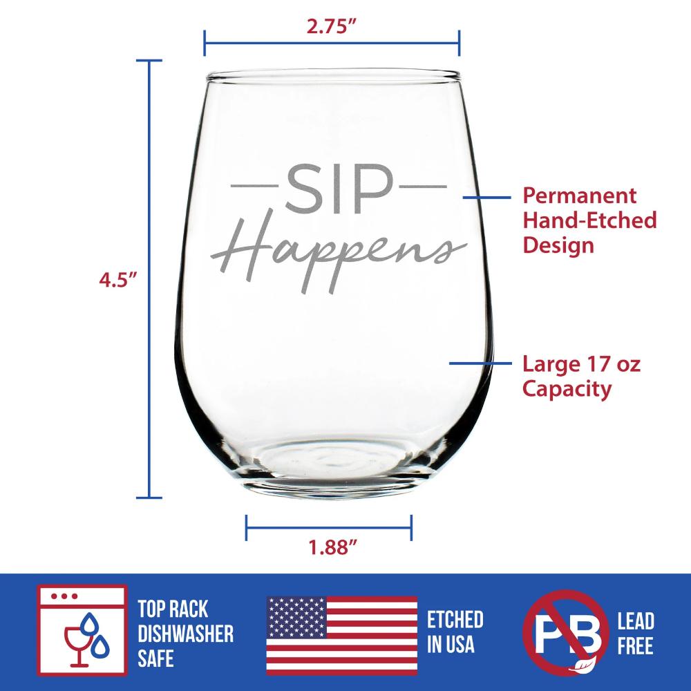 Sip Happens – Cute Funny Wine Stemless Glass, Large 17 Ounces, Etched Sayings, Gift Box