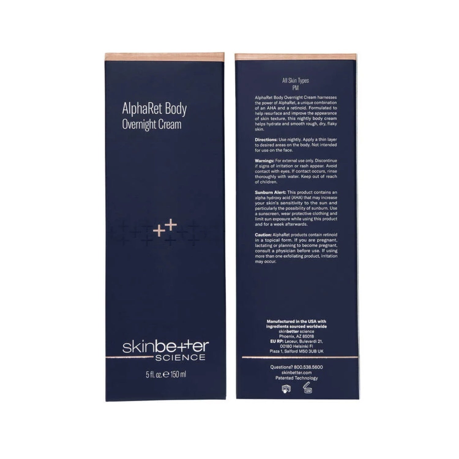 Overnight body cream boxes, dark blue with gold and white text panels