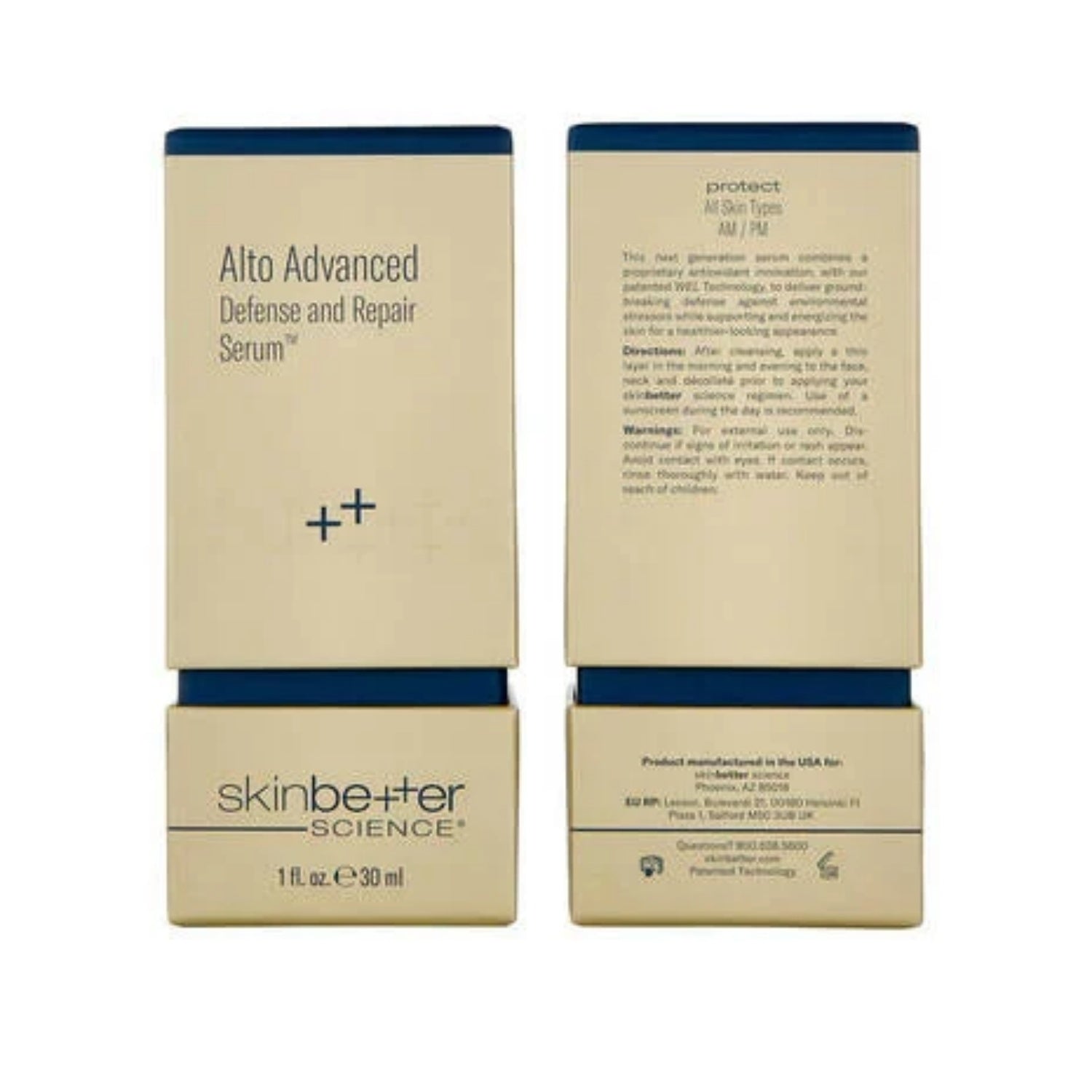 Skinbetter Alto serum packaging boxes, front and back views