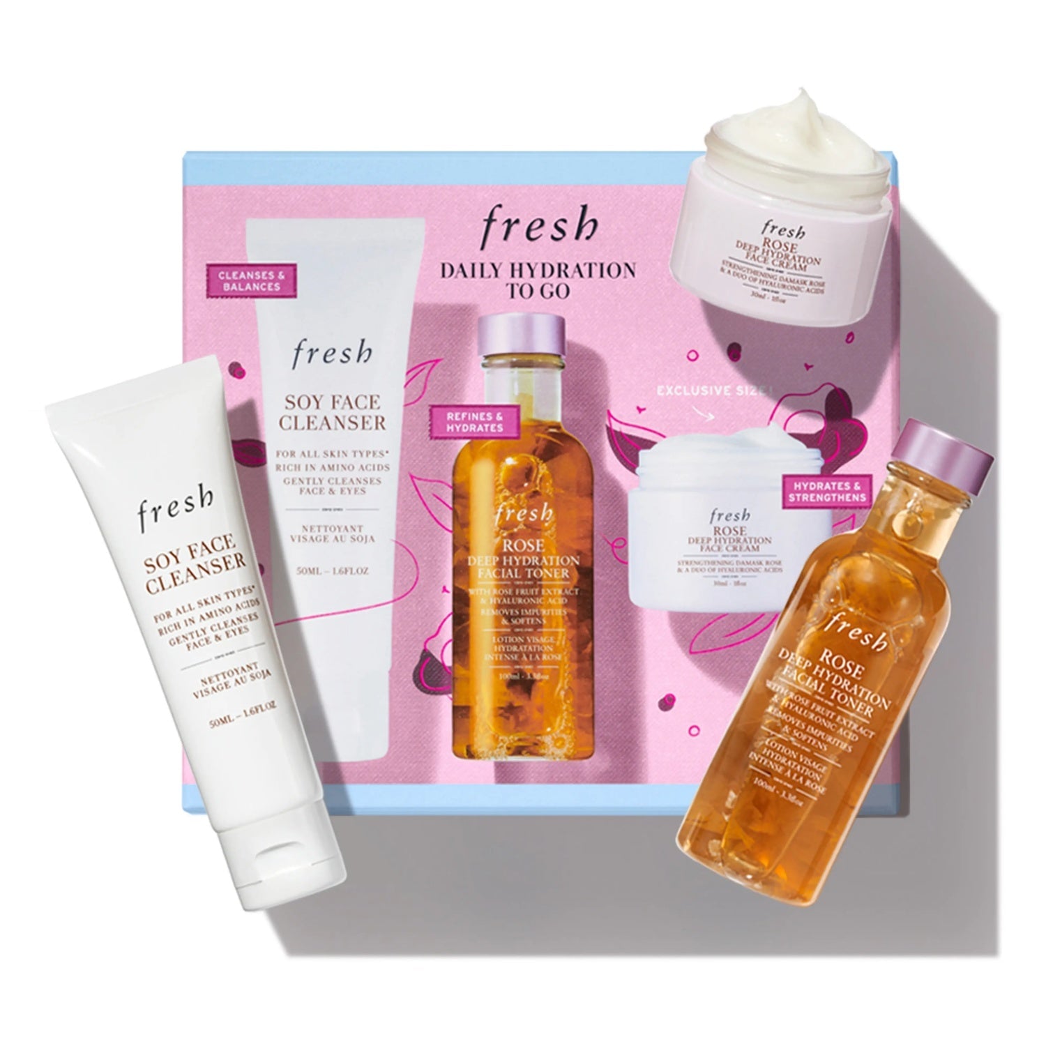 Hydration to-go skincare set with cleanser tube, rose toner bottle, and face cream jar