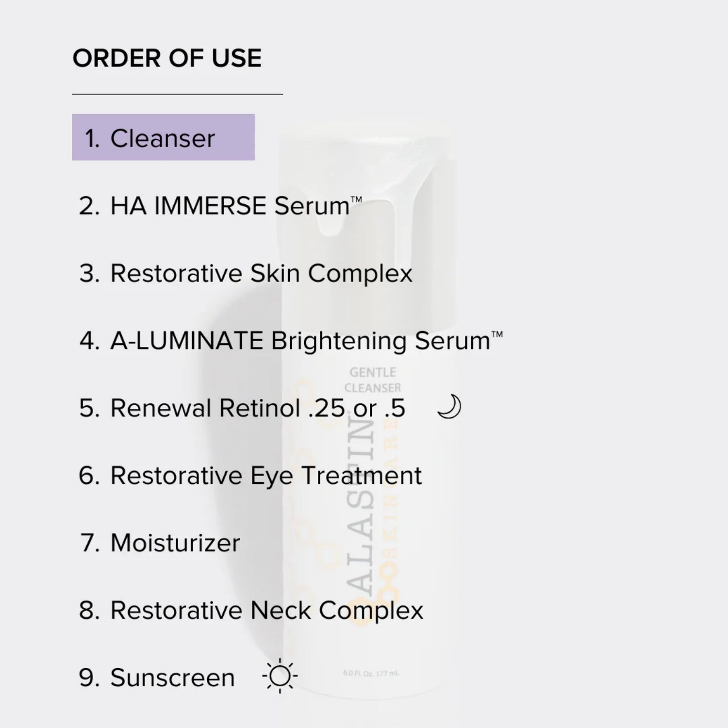 Order of use list with Cleansers step highlighted on product card