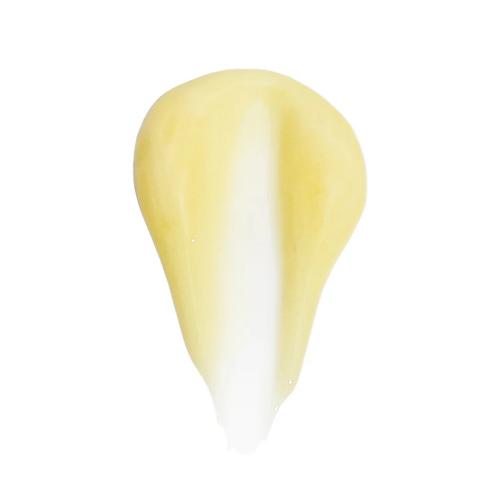 Yellow translucent serum swatch on white background, dollop texture