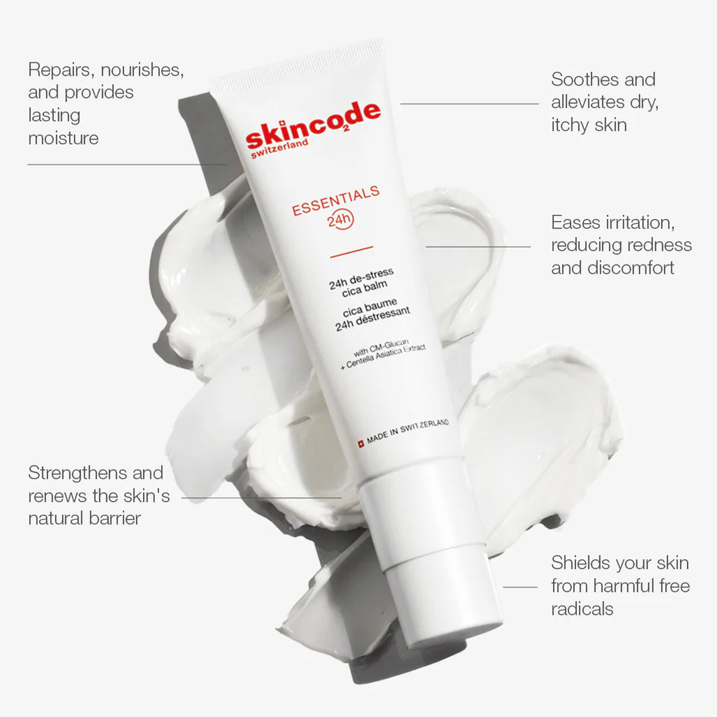 Cica balm tube with white cream swirl, skincode Essentials 24h tube angled
