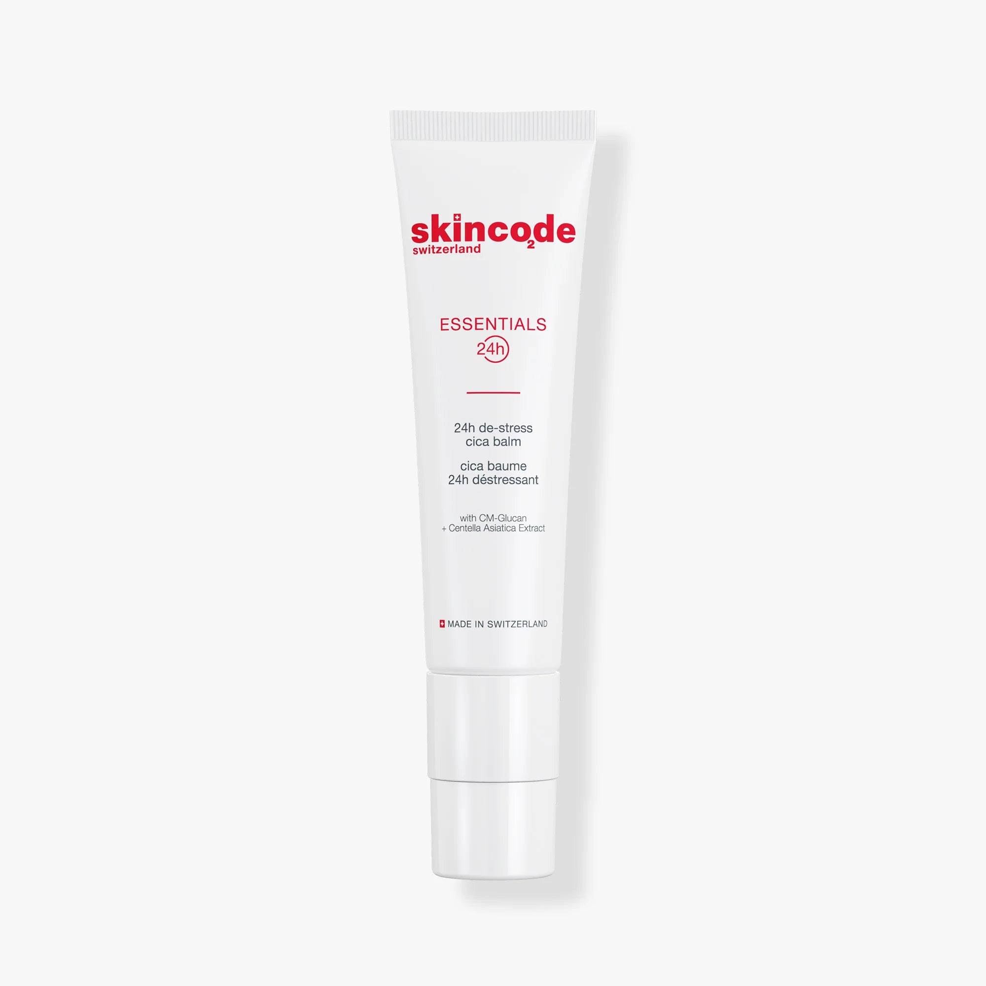 Skincare cica balm tube, white with red skincode Essentials 24h branding