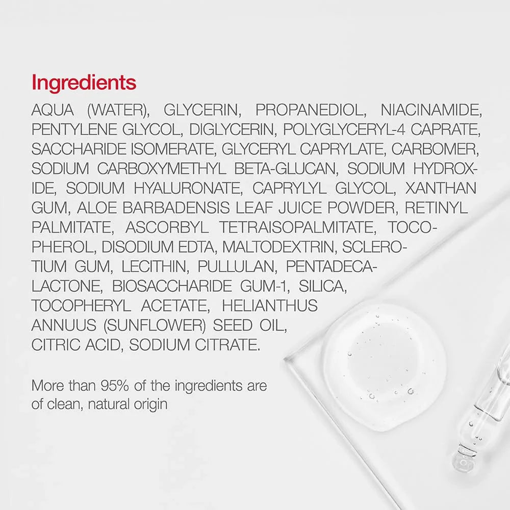 Hydro repair serum ingredient list with serum drop icons