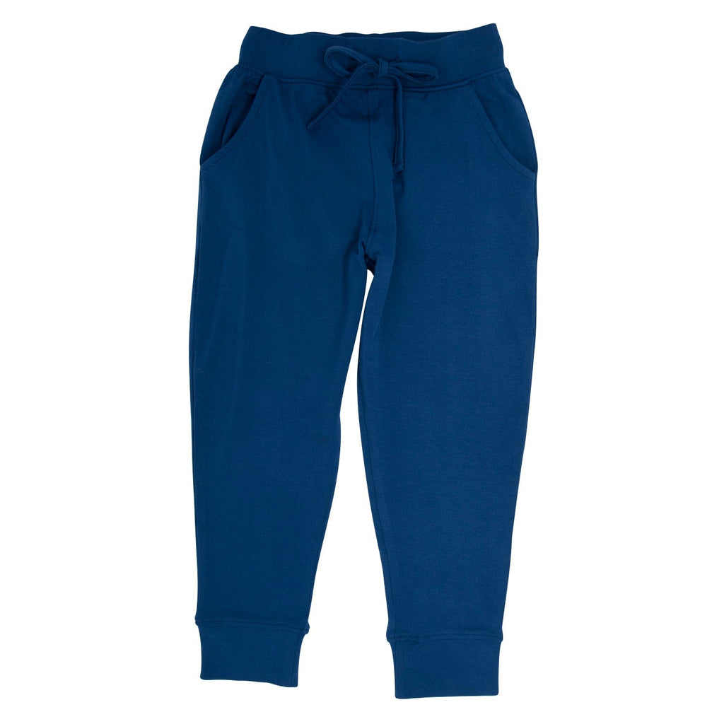 Navy slacker pant with drawstring elastic waist and ribbed cuffs