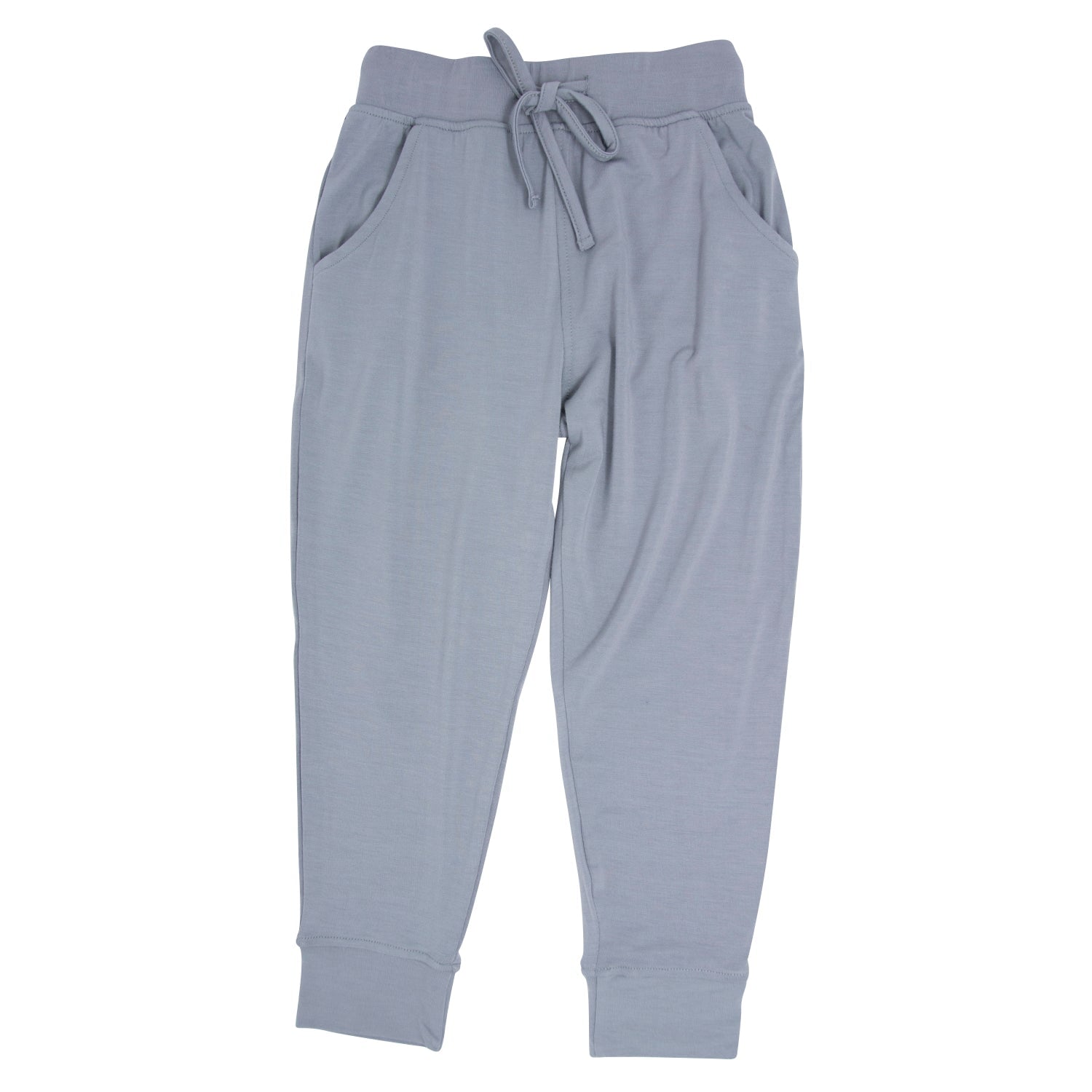 Steely grey pocket pants with drawstring waist and tapered legs, elastic cuffs