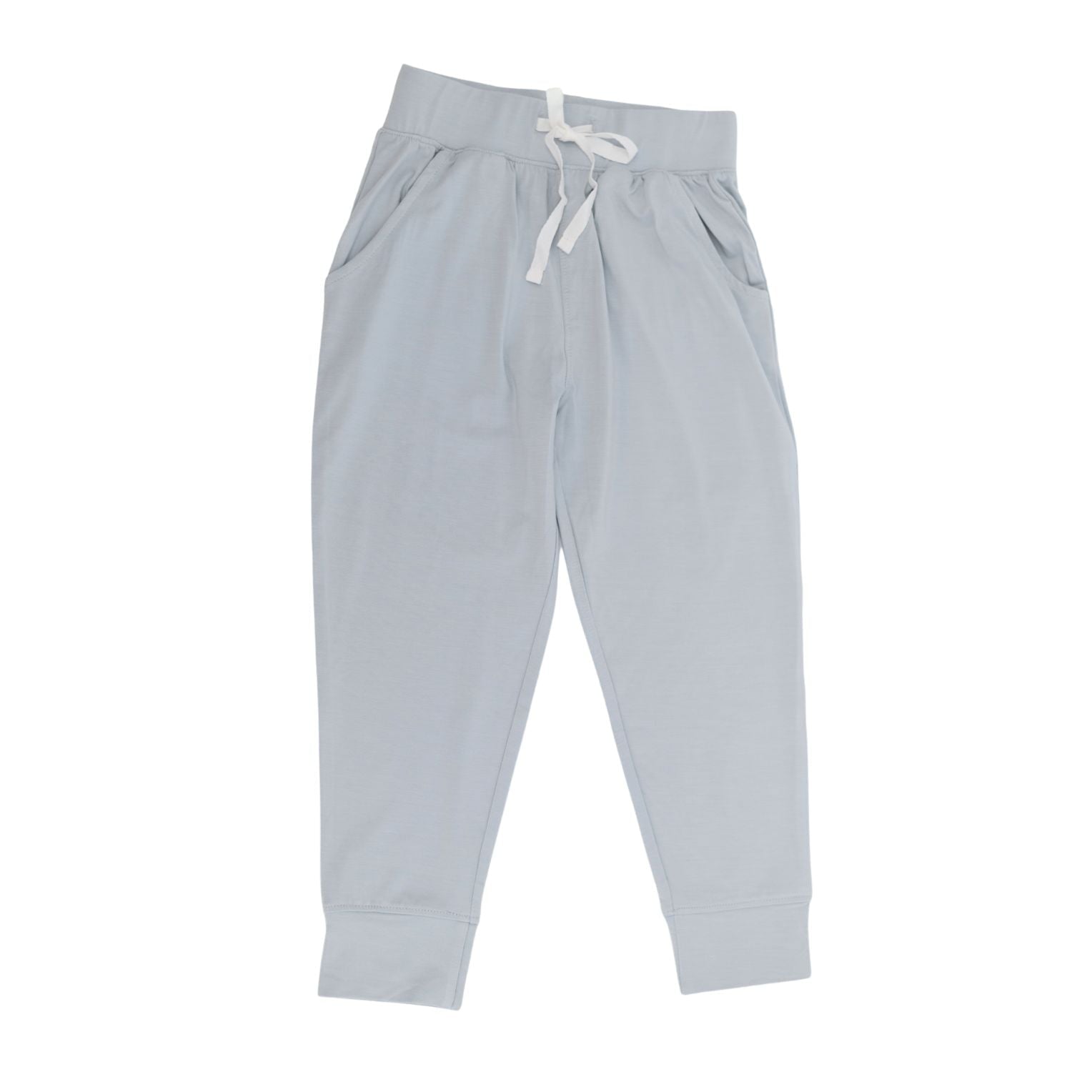 Light grey drawstring pocket pants, cuffed ankle length, with white waist tie