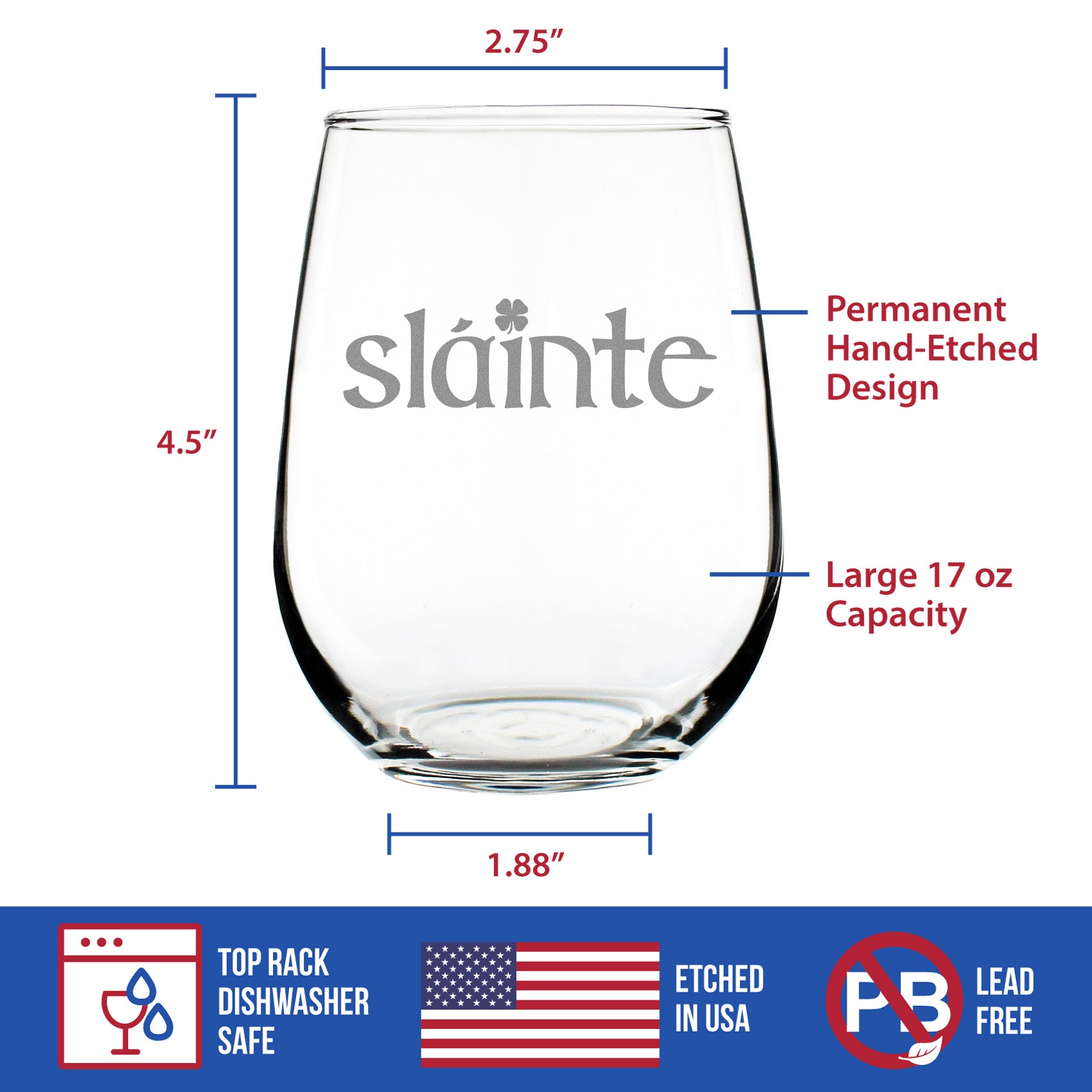 Slainte - Irish Cheers - Funny St Patricks Day Party Stemless Wine Glasses - Saint Patty's Decorations