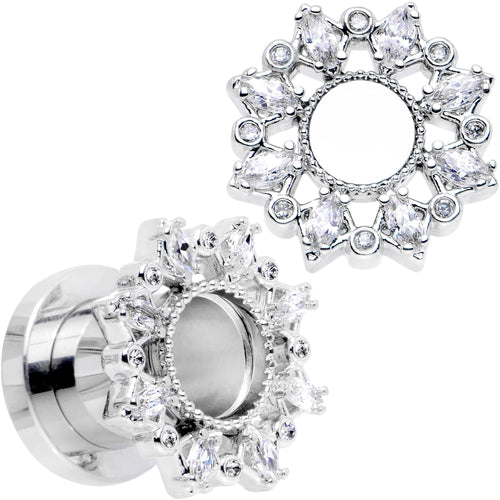 Screw-fit crystal flower tunnel plug with clear gem bezel cluster, shiny silver