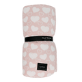 Big kid cloud blanket with pink hearts pattern, rolled with black label band