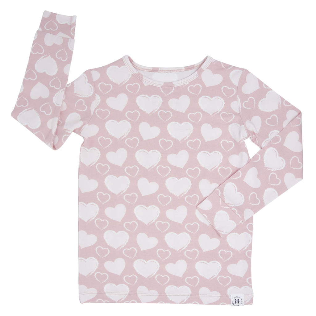 Girls long-sleeve pajama top, light pink with white hearts pattern