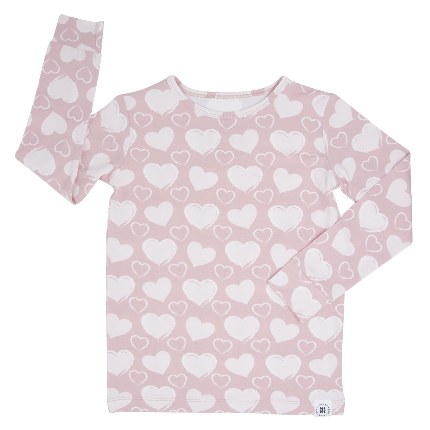 Girls long-sleeve pajama top, light pink with white hearts pattern