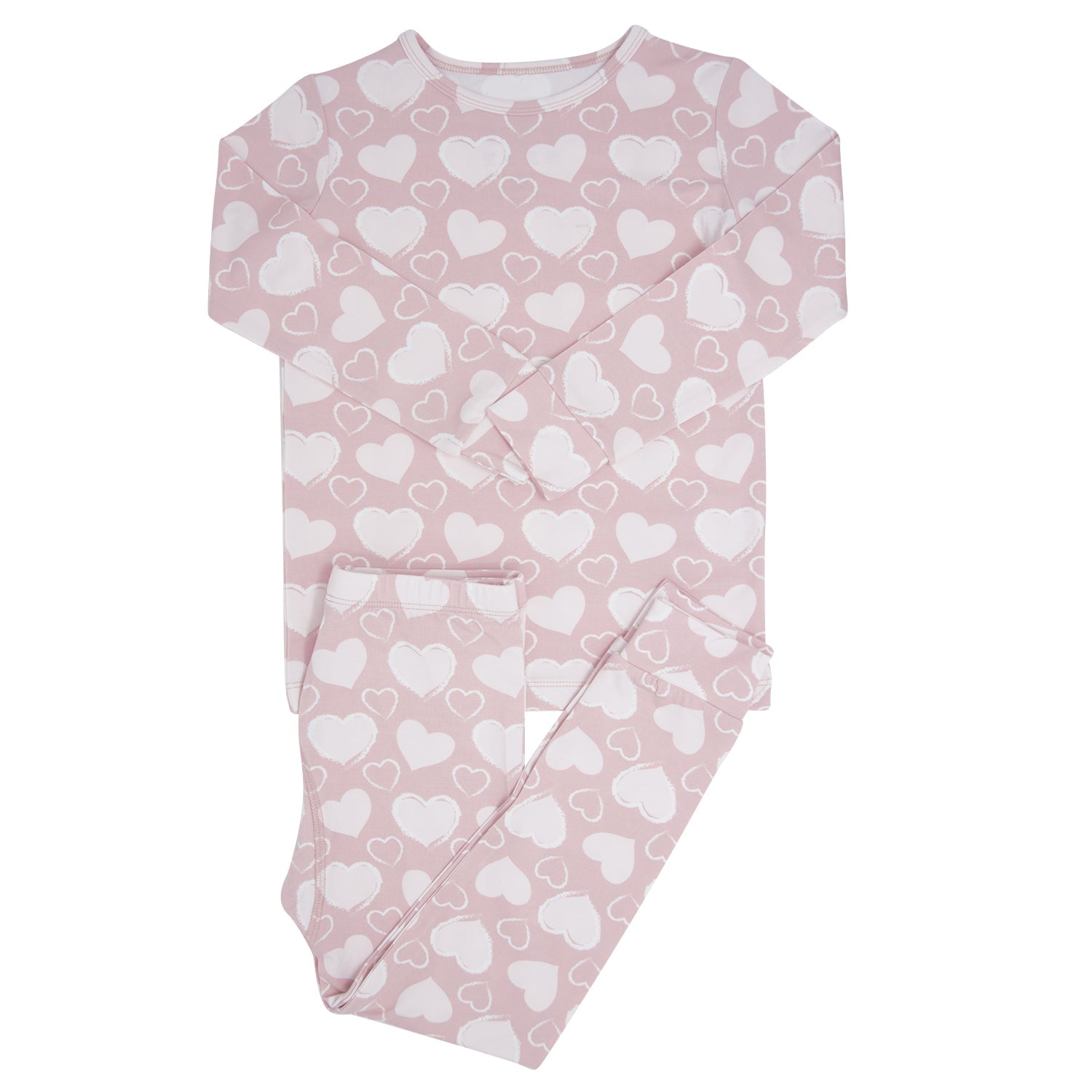 Girls pajama set, light pink heart-print long-sleeve top with matching full-length pants