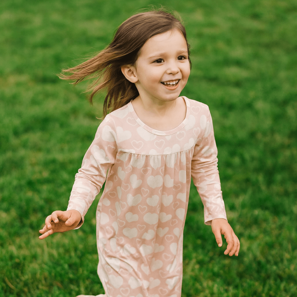 Girls boho dress in light pink with white heart print and long sleeves