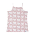 Girl's camisole tank in dusty pink with allover white heart print, thin straps