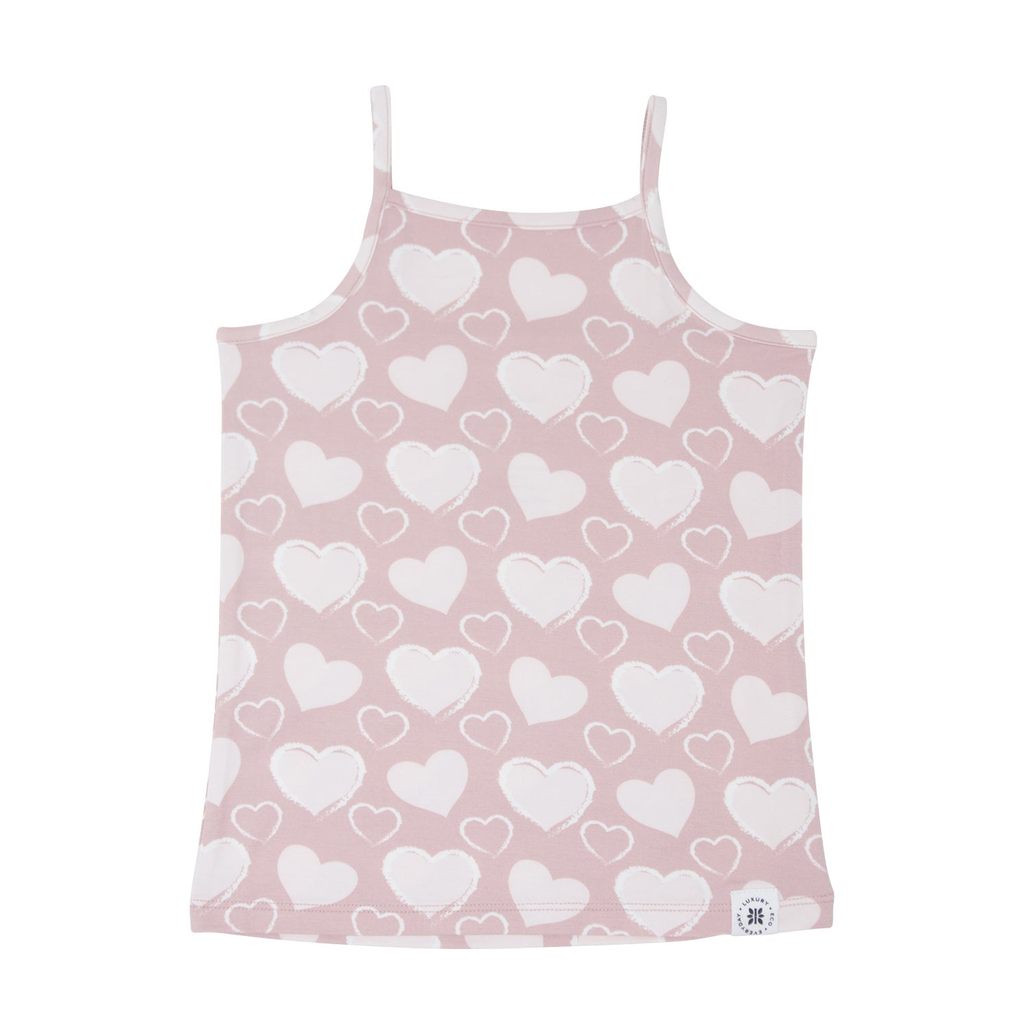 Girl's camisole tank in dusty pink with allover white heart print, thin straps