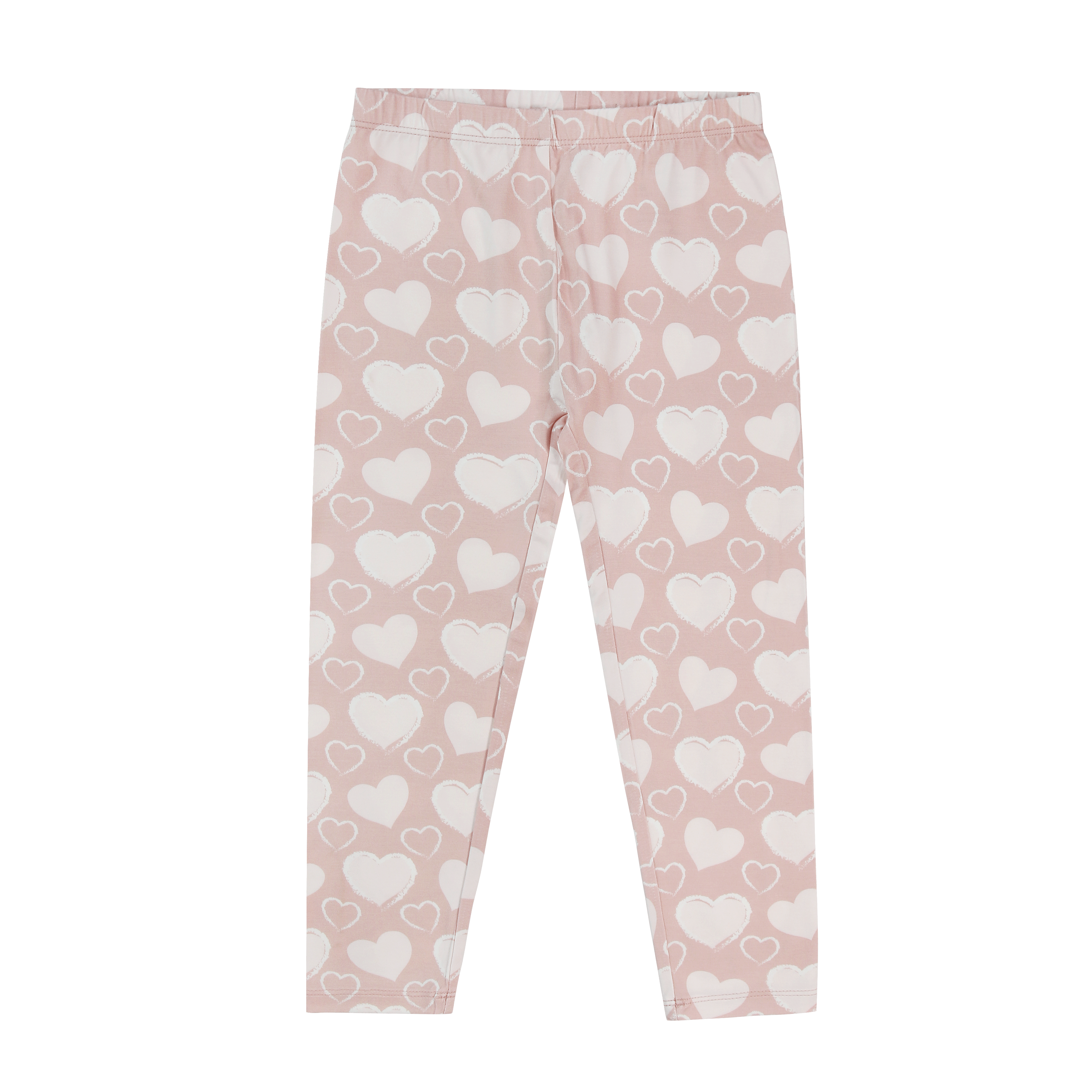 Girls classic leggings in light pink with allover white heart print, full length