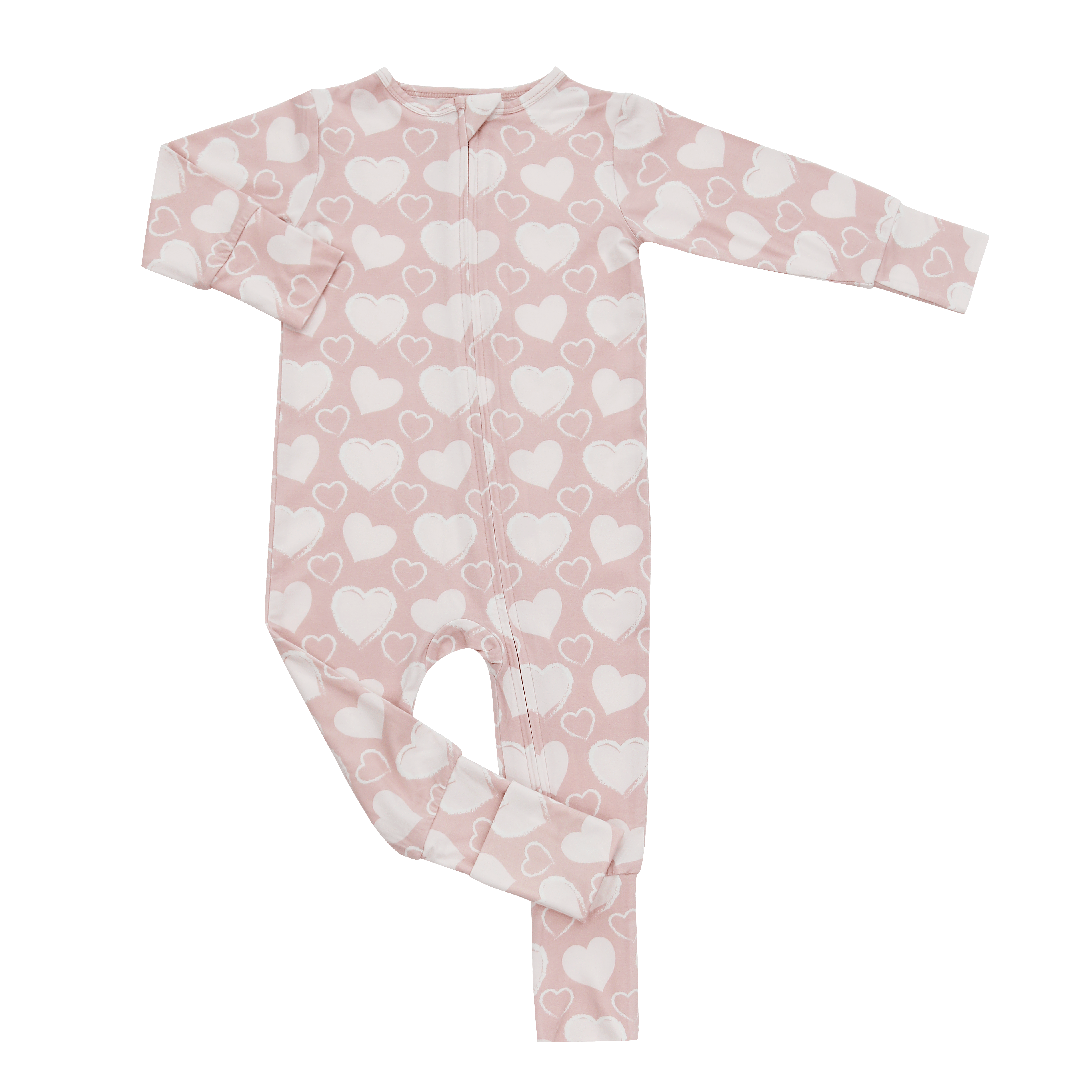 Pink heart-print long-sleeve zip-front convertible romper, full-body view