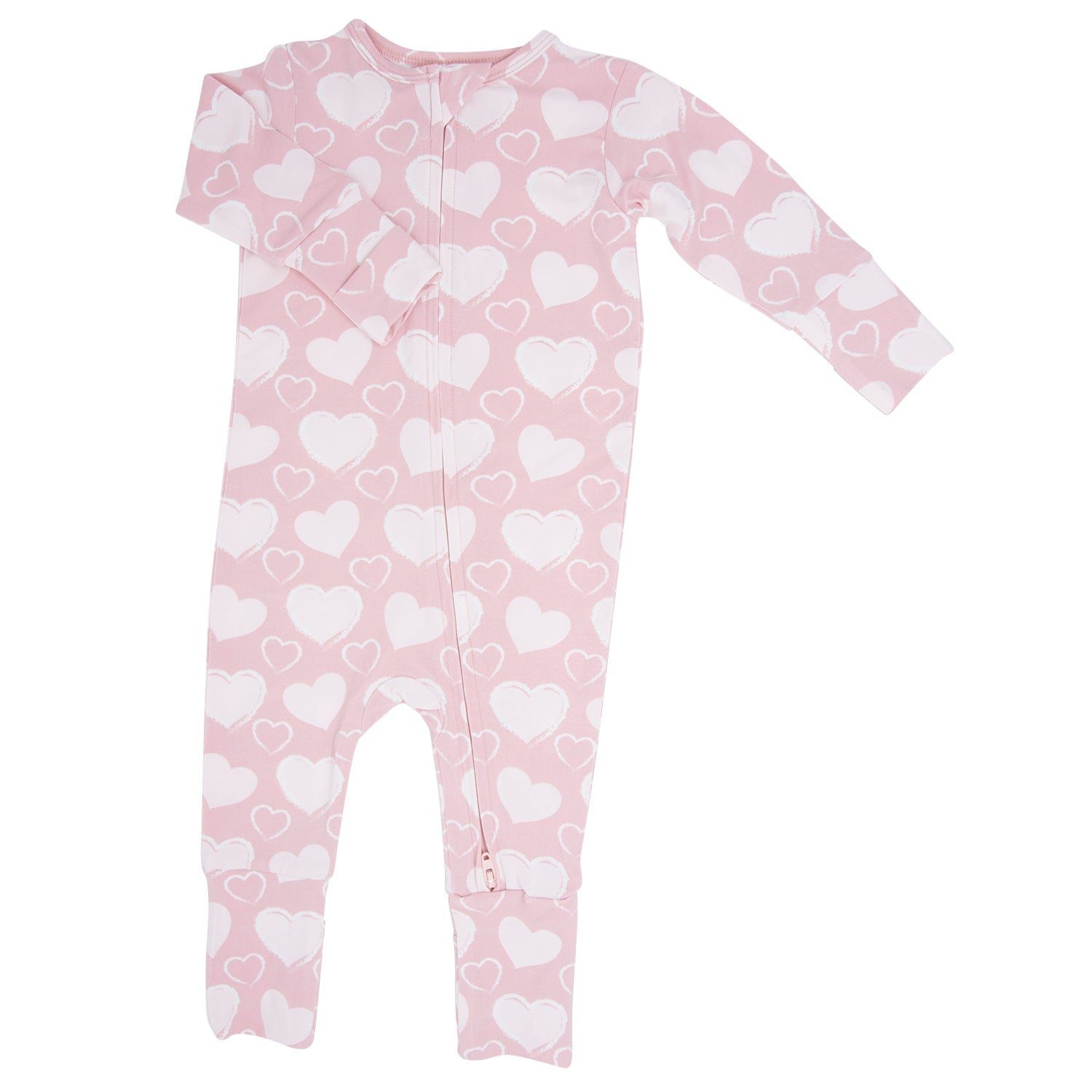 Pink heart-print convertible romper with long sleeves and zip front, front view