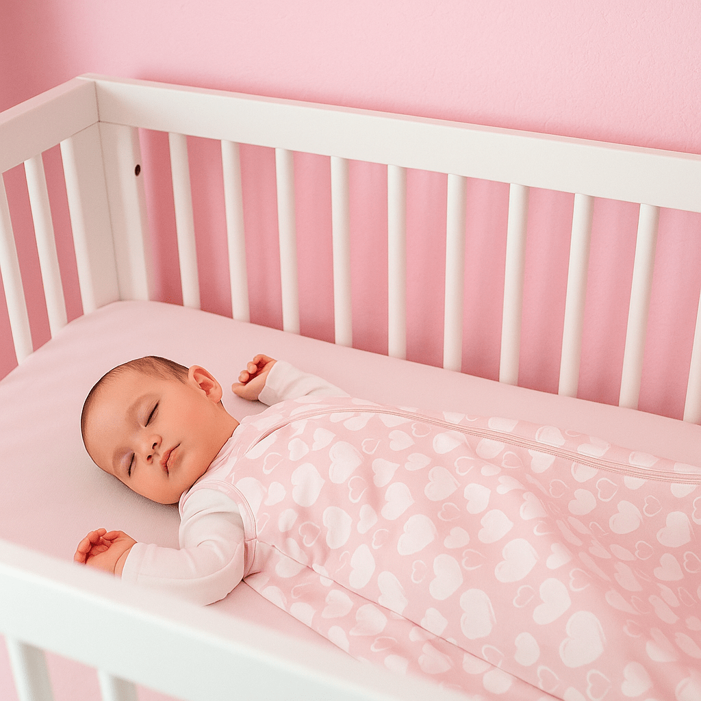 Pink heart-print baby sleep sack with long sleeves and snap neckline
