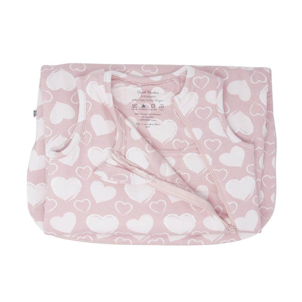 Pink heart-print sleep sack with front zipper and gathered neckline