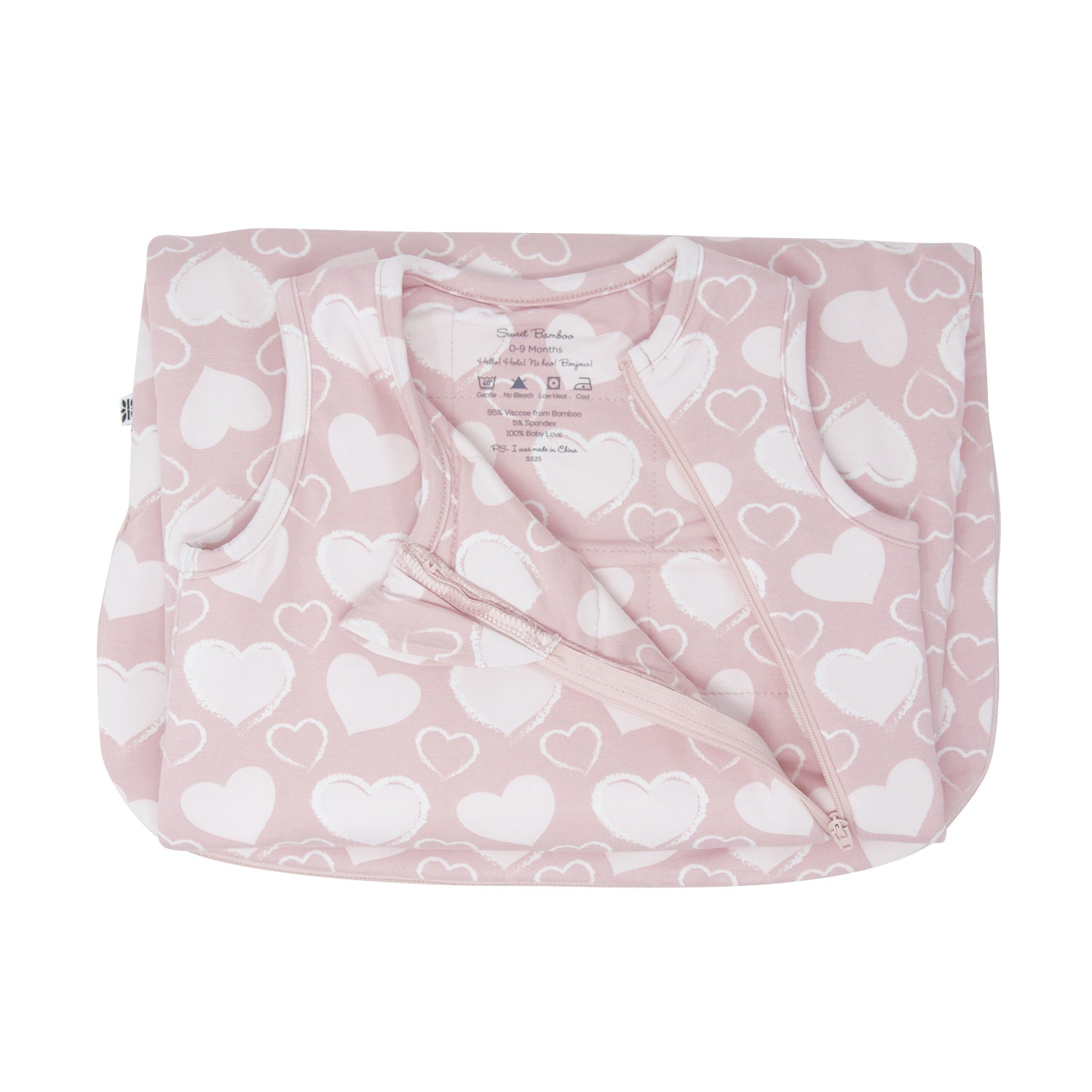 Pink heart-print sleep sack with front zipper and gathered neckline