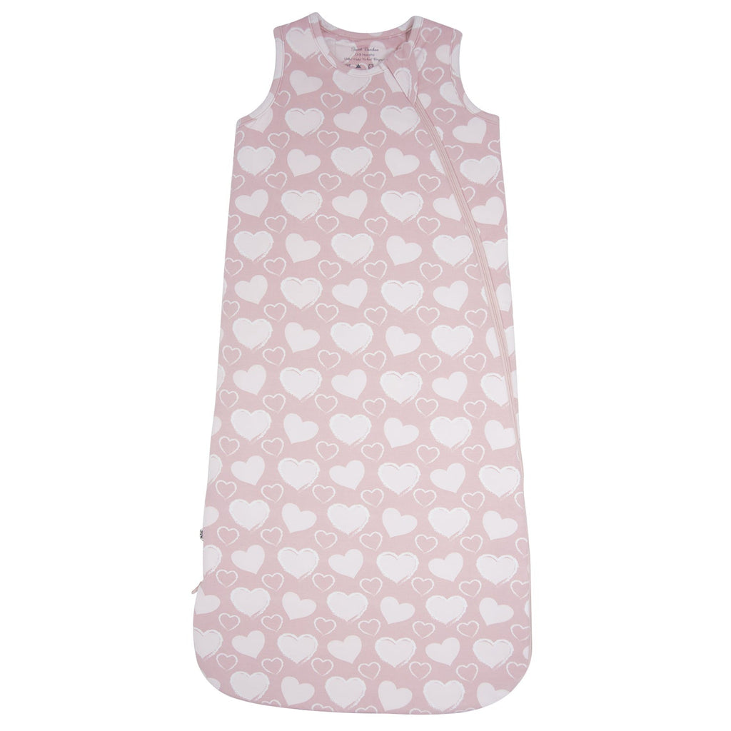 Pink heart-print baby sleep sack with sleeveless design and zip front