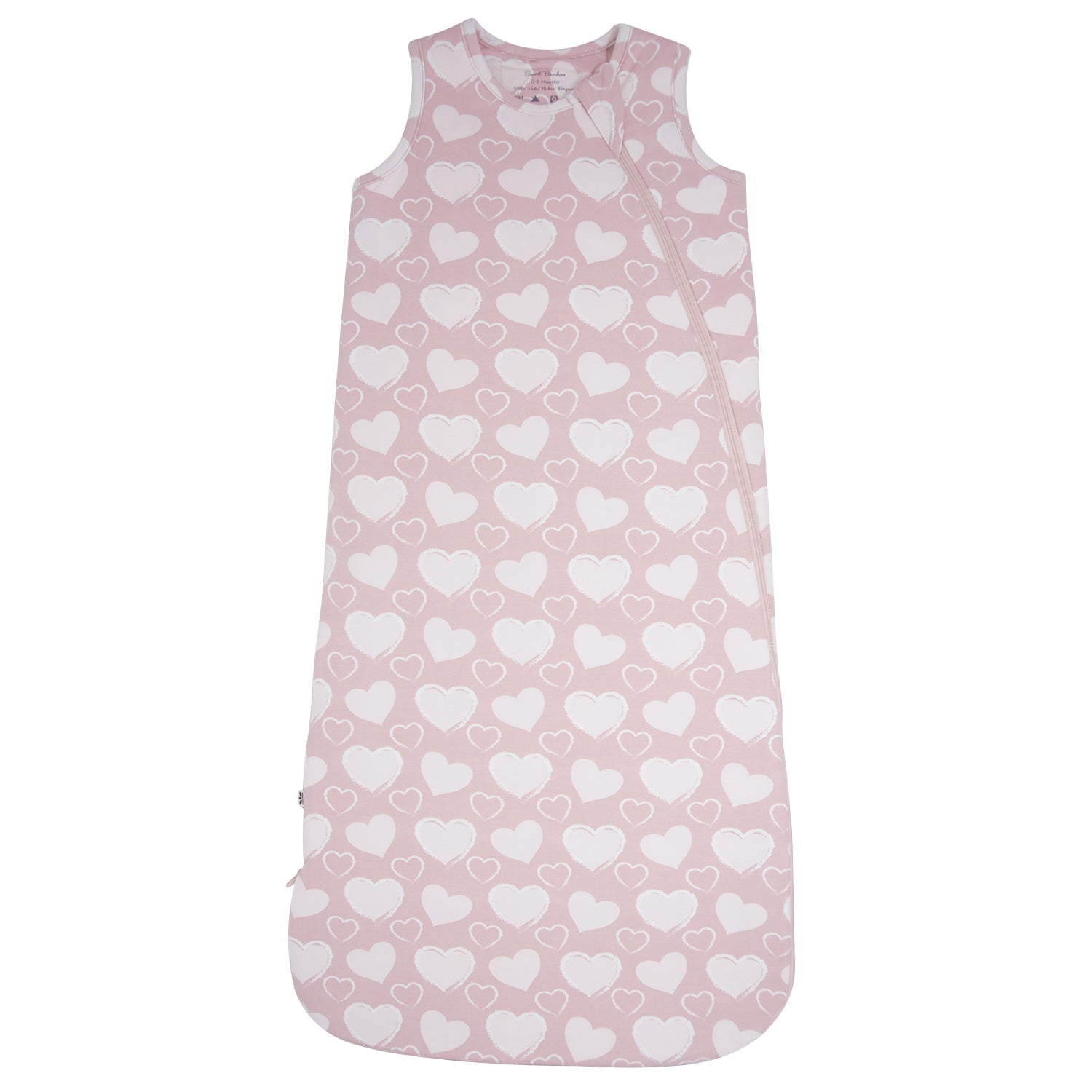 Pink heart-print baby sleep sack with sleeveless design and zip front