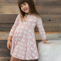 Girl swirly dress, long sleeves, pink with white hearts, twirl skirt